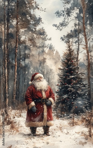 A captivating scene of Santa Claus standing in a snowy forest, surrounded by tall trees and a beautifully decorated Christmas tree, evoking holiday magic.