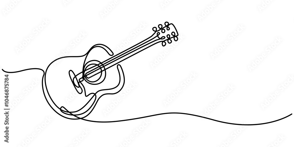 Fototapeta premium One continuous line drawing of acoustic guitar, Guitar Continuous Line Illustration, Electric guitar one line art. Continuous line drawing of musical, equipment, song, guitar, electric, melody, rock.