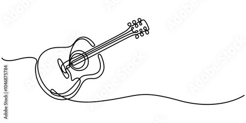 One continuous line drawing of acoustic guitar, Guitar Continuous Line Illustration, Electric guitar one line art. Continuous line drawing of musical, equipment, song, guitar, electric, melody, rock.