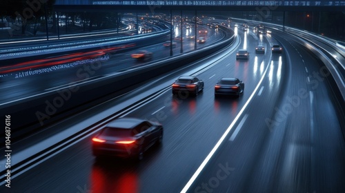 A futuristic highway buzzes with speeding cars and glowing neon lights, capturing the essence of modern transport and technological advancement.