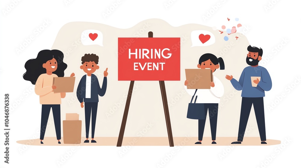 Illustration of people attending a hiring event, exchanging ideas and resumes, with a red sign and cheerful expressions. Illustration of people attending a hiring event, exchanging ideas and resumes, with a red sign and cheerful expressions.