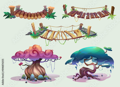 Hanging old bridge with rope, stones and green grass, fantasy tree with pink and green crown and liana vines for game ui design. Cartoon assets of wooden suspension dangerous footbridge and plants.
