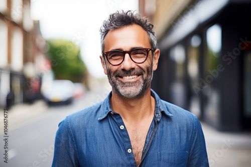 Portrait of a handsome middle aged man with eyeglasses in the city