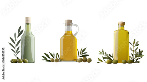 Various bottles of olive oil with olives and olive branches around. Perfect for culinary, health, and wellness themes. photo