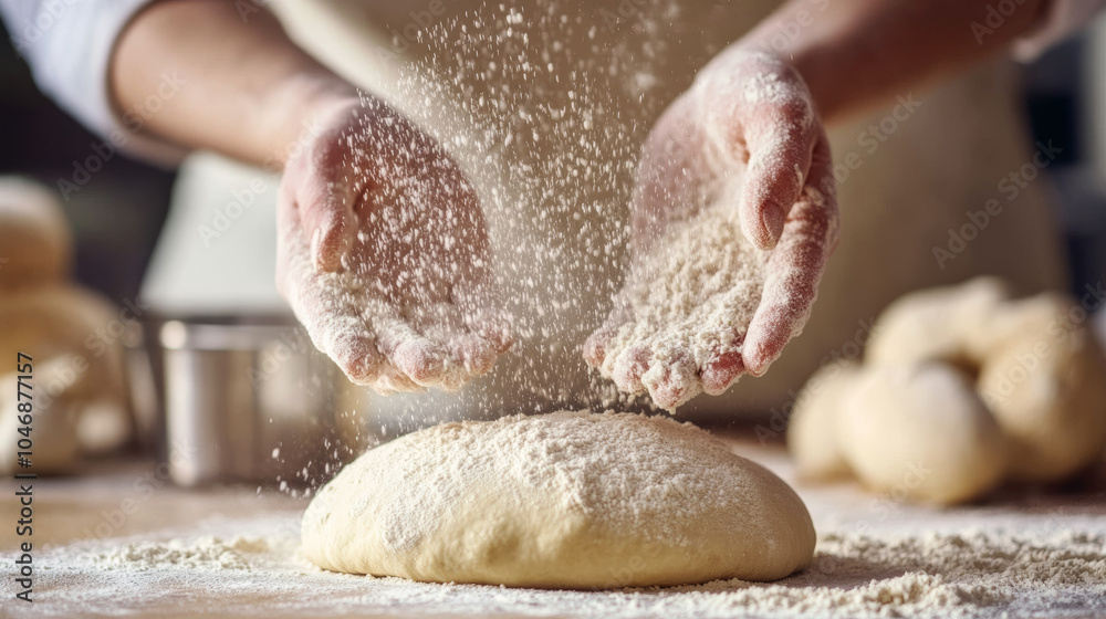 baker kneading dough on table