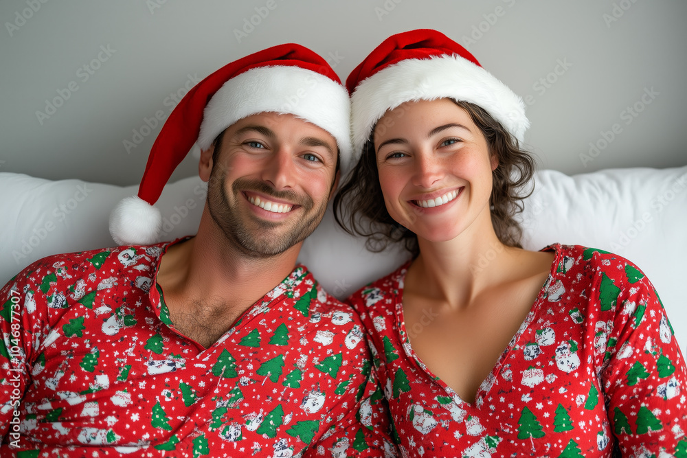 Smiling couple in Christmas pajamas and Santa hats Smiling couple in Christmas pajamas and Santa hats