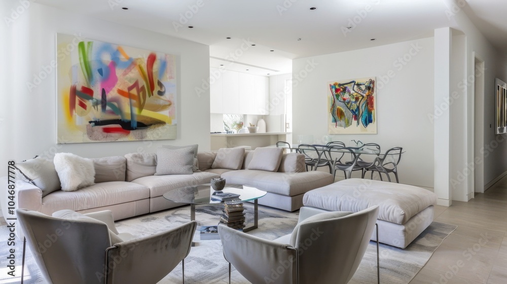 Fototapeta premium A contemporary and artistic living room design accentuated by a white canvas backdrop, Artfully arranged minimalist furniture, Artistic minimalist style