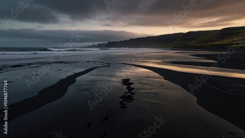 Wallpaper Mural A dramatic sunset over a black sand beach with receding tide and reflecting light. Torontodigital.ca