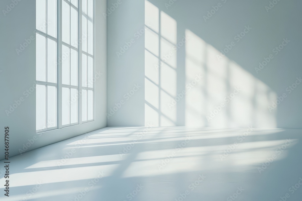 Empty white room with large window and sunbeams streaming through, creating shadows on the floor. Empty white room with large window and sunbeams streaming through, creating shadows on the floor.