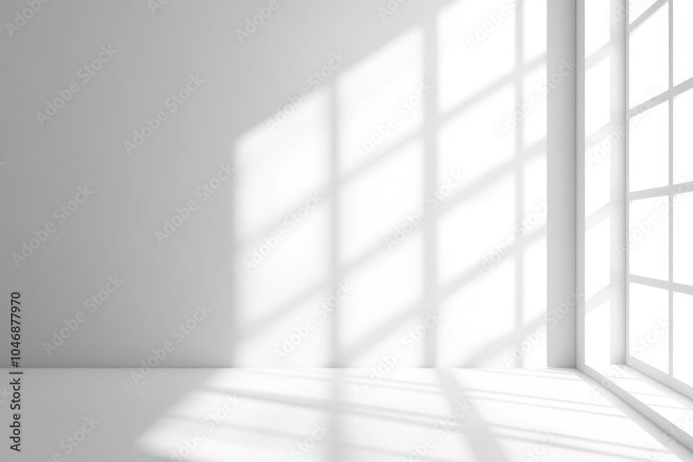 A minimalist white room with a large window casting sunlight and shadows on the wall and floor. A minimalist white room with a large window casting sunlight and shadows on the wall and floor.