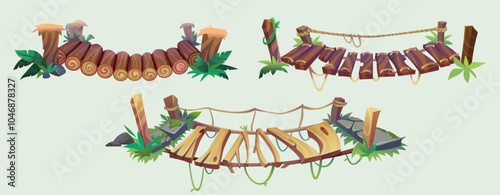 Hanging old bridge with rope, stones and green grass for game ui design. Cartoon vector illustration set of wooden suspension dangerous risky footbridge straining over abyss at edge of cliff.