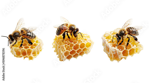 Three bees gathering nectar on honeycomb. A close-up image showcasing bee activity, honeycomb structure, and pollination nature process. photo