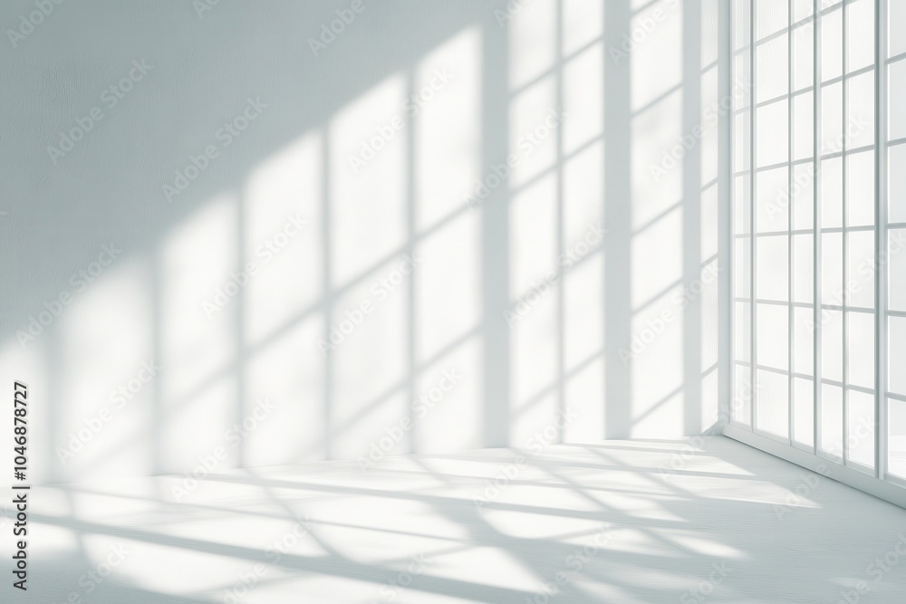 Sunlight streams through a large window in a white room, casting long shadows on the wall and floor. (1) Sunlight streams through a large window in a white room, casting long shadows on the wall and floor. (1)