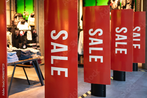 Red Signs of sale in the store. Seasonal discount offer. Black Friday and shopping concept. Big Red Sale Banners in shopping mall