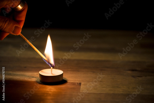 Male hand lighting a small white tea candle on a wooden table, close up shot. Tealight ambiance concept.