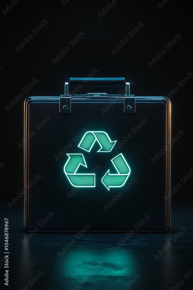 A sleek briefcase with a glowing recycle icon, symbolizing sustainability in business. A sleek briefcase with a glowing recycle icon, symbolizing sustainability in business.
