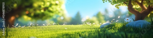 Abstract wide-angle view of a sunny day, vibrant green grass blurring into a soft background
