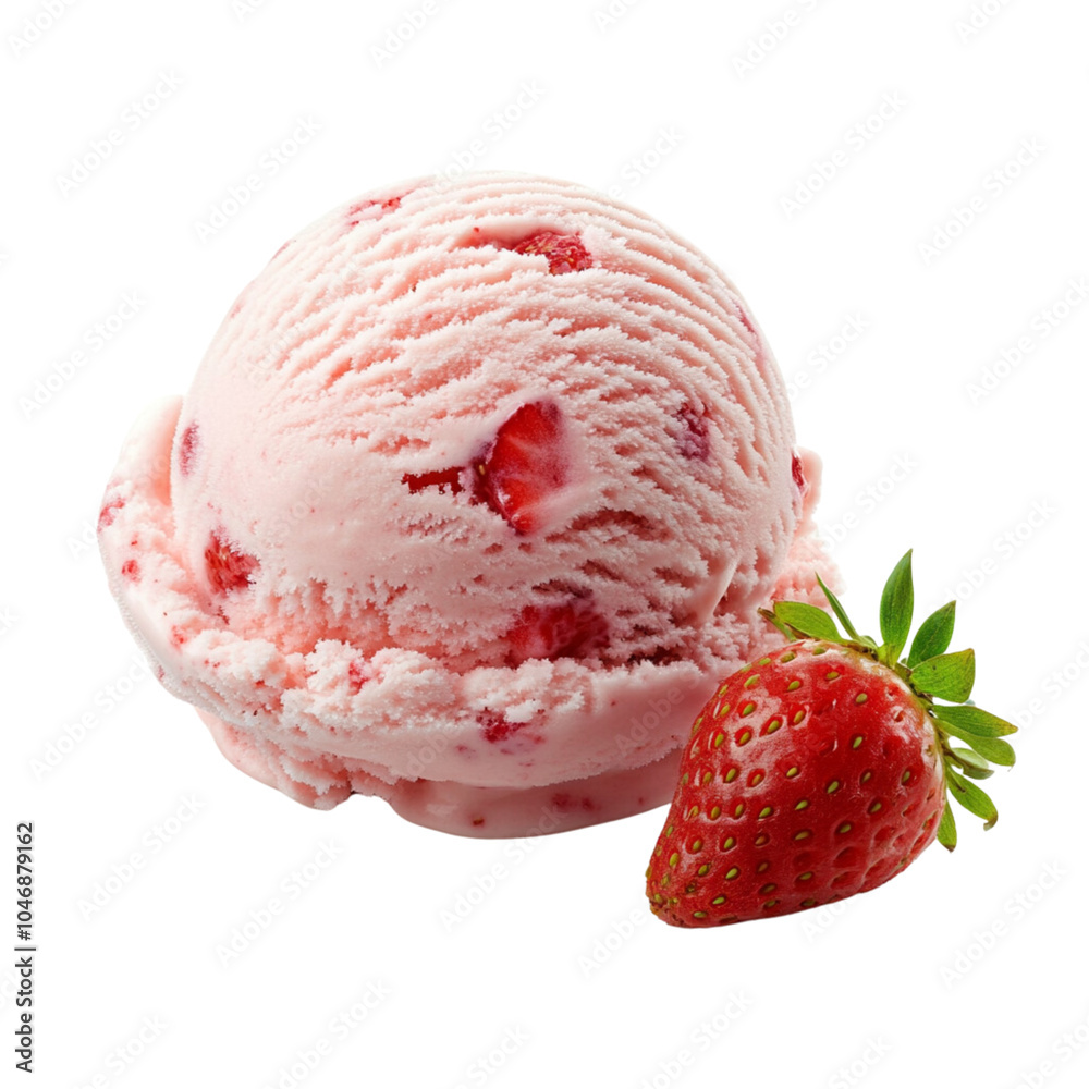 Scoop of vibrant strawberry ice cream garnished with a fresh strawberry, perfect for dessert, advertising, and food photography. Scoop of vibrant strawberry ice cream garnished with a fresh strawberry, perfect for dessert, advertising, and food photography.