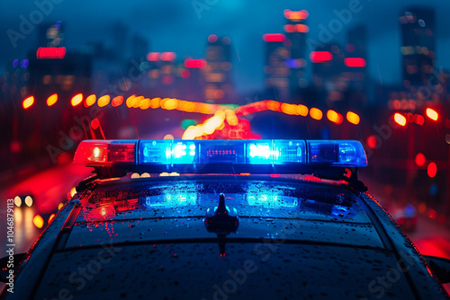 Close up of blue police car lights symbolizing crime control generative Ai photo