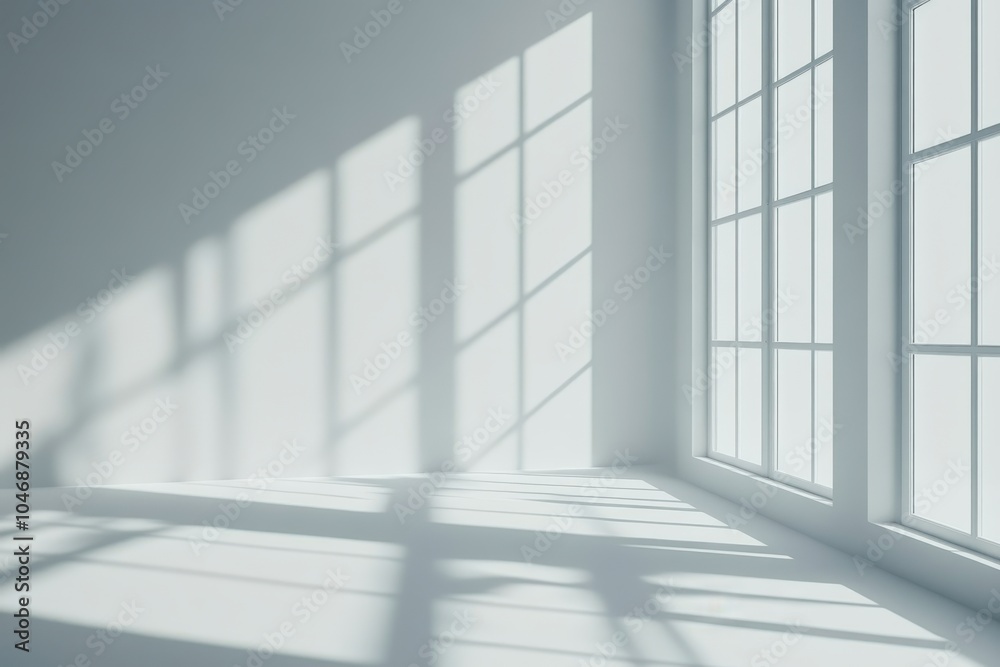 Sunlight streams through a large window in a minimalist, white room, casting soft shadows on the wall and floor. Sunlight streams through a large window in a minimalist, white room, casting soft shadows on the wall and floor.