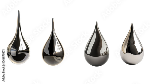 Minimalist metallic teardrop sculptures in a row on a white background, showcasing modern art's sleek, reflective design and creative shapes.