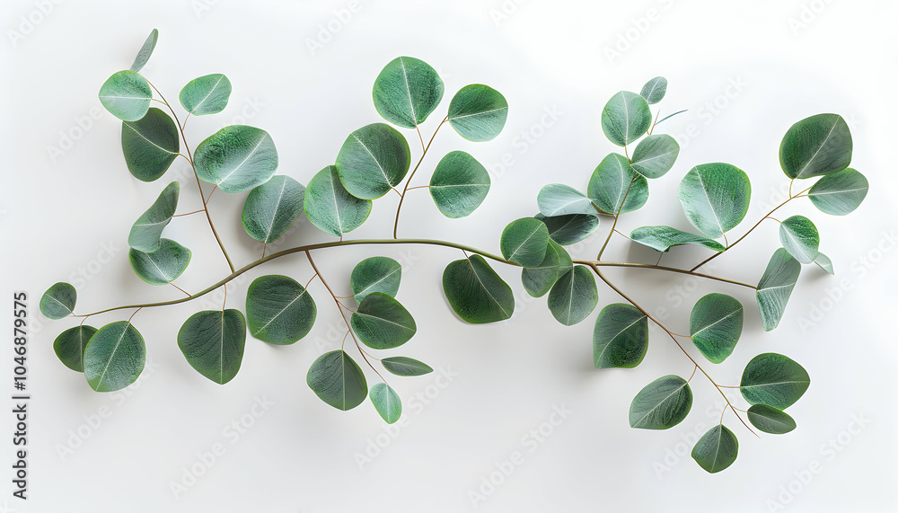 Eucalyptus branch with green leaves arranged horizontally on a white background. Eucalyptus branch with green leaves arranged horizontally on a white background.