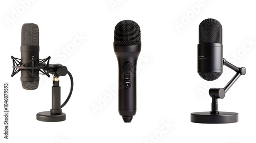 Image of three types of microphones, including a condenser, dynamic, and podcasting microphone, isolated on a white background. photo