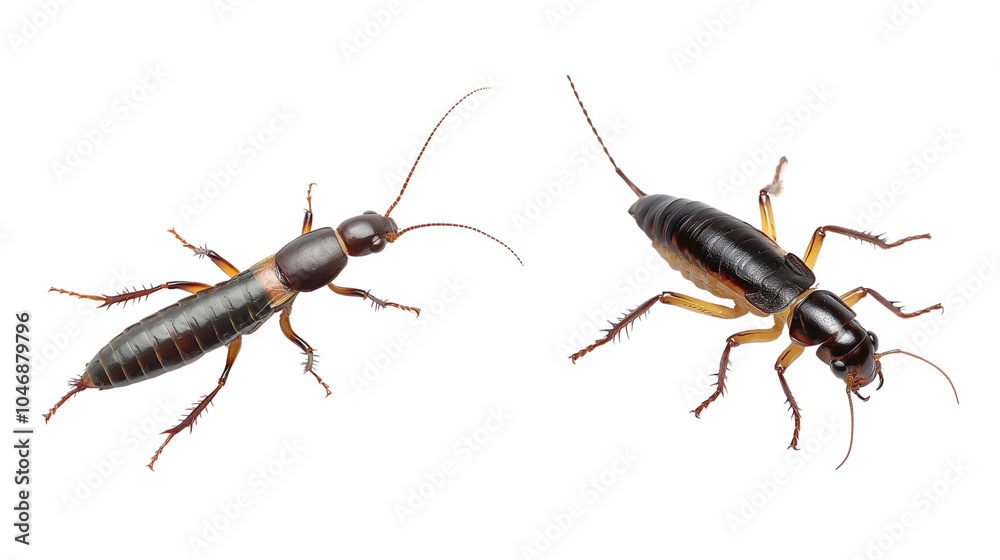 High-resolution image of two earwigs, showcasing their distinctive pincers and elongated bodies on a white background. High-resolution image of two earwigs, showcasing their distinctive pincers and elongated bodies on a white background.