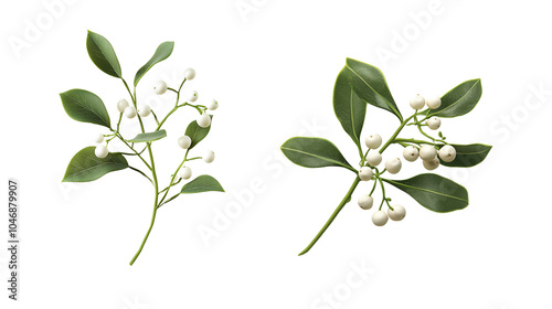 High-quality image of mistletoe branches with green leaves and white berries, perfect for holiday decorations and festive designs.