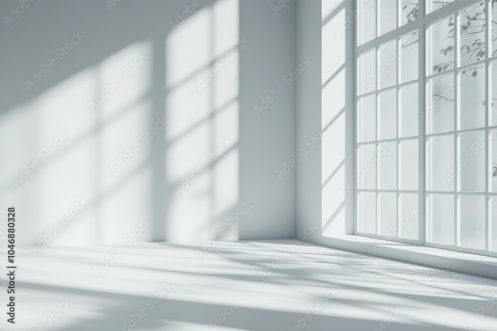 Sunlight streaming through a large window in a white room, creating shadows on the wall and floor. Sunlight streaming through a large window in a white room, creating shadows on the wall and floor.
