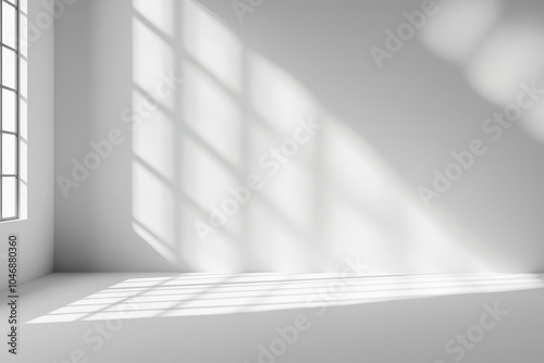 Minimalist white room with a large window and sunlight streaming in.