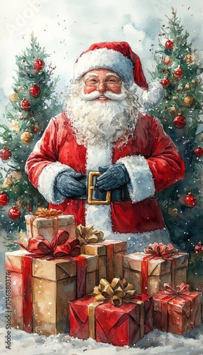 Smiling Santa Claus standing by a decorated Christmas tree with snow falling, surrounded by wrapped presents with festive bows.
