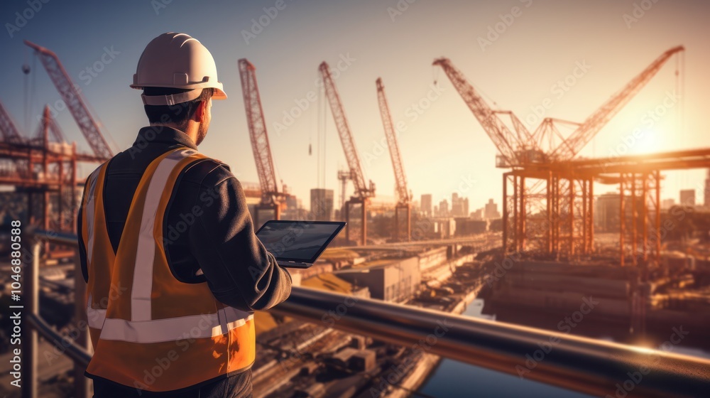An electrical engineer is standing on a ladder, examining a network of power lines and transformers at an outdoor substation, An electrical engineer is standing on a ladder, examining a network of power lines and transformers at an outdoor substation,