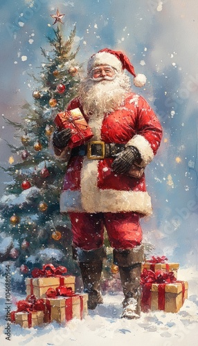 A cheerful Santa Claus holds gifts in front of a beautifully decorated Christmas tree amidst falling snow, capturing the magic of the holiday season.