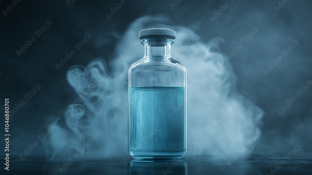 Glass bottle with blue liquid and smoke, concept of magic potion and fantasy Glass bottle with blue liquid and smoke, concept of magic potion and fantasy