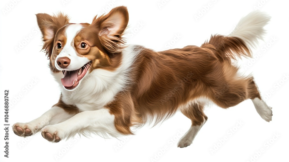 Fototapeta premium A dog running joyfully across a field, isolated on white background.