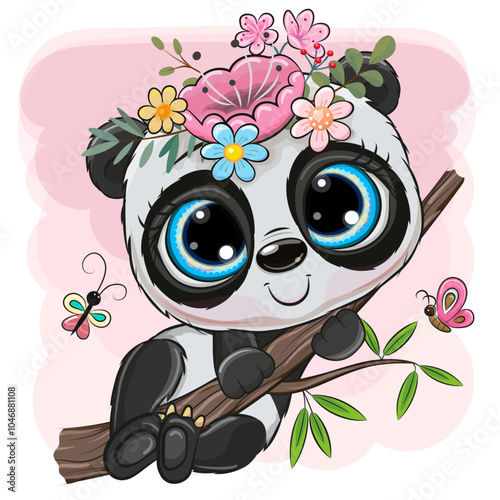 Cute Cartoon Panda with flowers