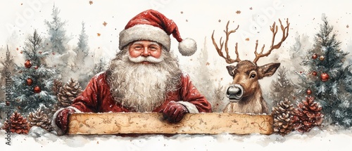 Enjoy a heartwarming scene of Claus with his reindeer in a snowy wonderland, capturing the spirit of Christmas with joy and festive cheer.