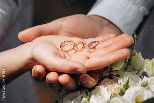 Close-up photo of the men`s holding woman hand with golden wedding ring with diamond. Wedding ring before the proposal. Luxury wedding rings photo