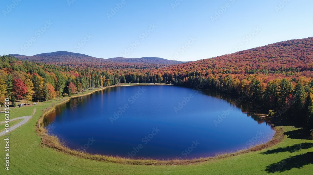Naklejka premium A peaceful drone shot of a tranquil lake surrounded by autumn foliage, showcasing nature beauty.