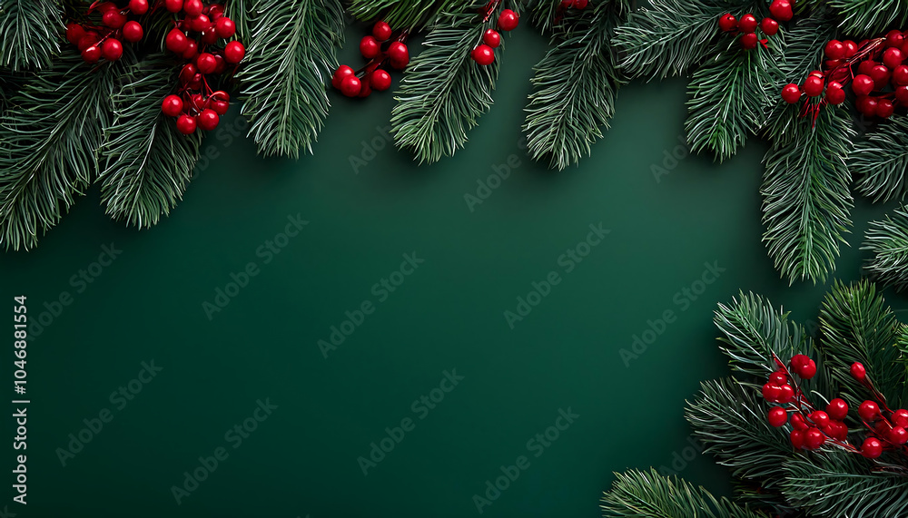 Dark green background features pine branches with red berries for a festive holiday decorat_1(291) Dark green background features pine branches with red berries for a festive holiday decorat_1(291)