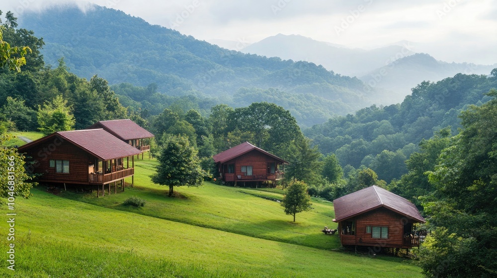 A peaceful mountain retreat with cozy lodges and stunning views, inviting travelers to unwind and connect with nature. A peaceful mountain retreat with cozy lodges and stunning views, inviting travelers to unwind and connect with nature.