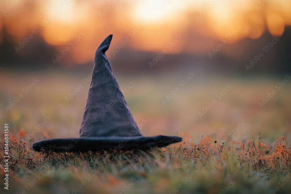 Fototapeta premium A Witch's Hat Resting in a Field of Grass at Sunset