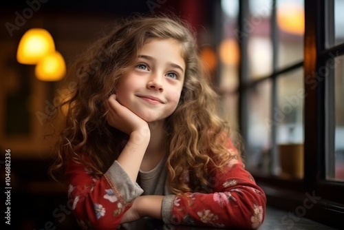 Portrait of a cute little girl with long curly hair in a cafe.