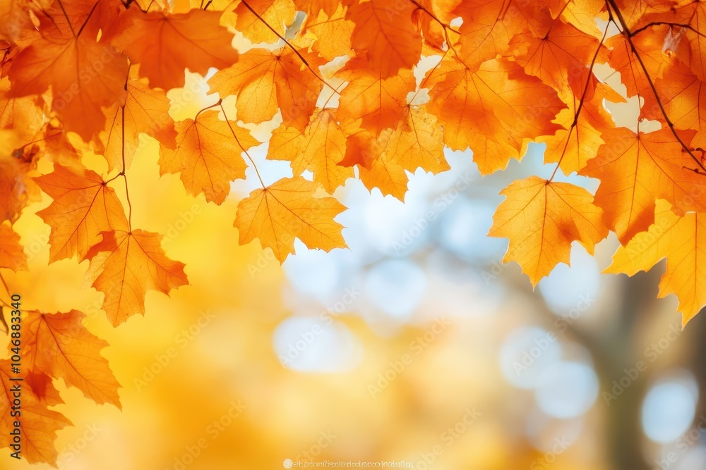 Close-up of vibrant orange maple leaves against a blurred background of yellow and blue tones, evoking the warmth and beauty of autumn. Close-up of vibrant orange maple leaves against a blurred background of yellow and blue tones, evoking the warmth and beauty of autumn.