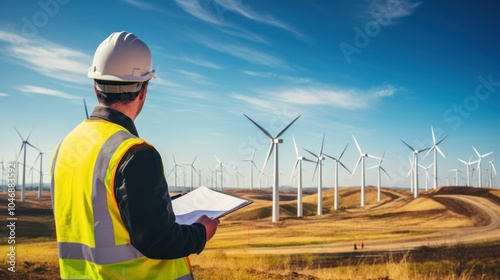 A clean energy engineer is analyzing solar panels on a rooftop,