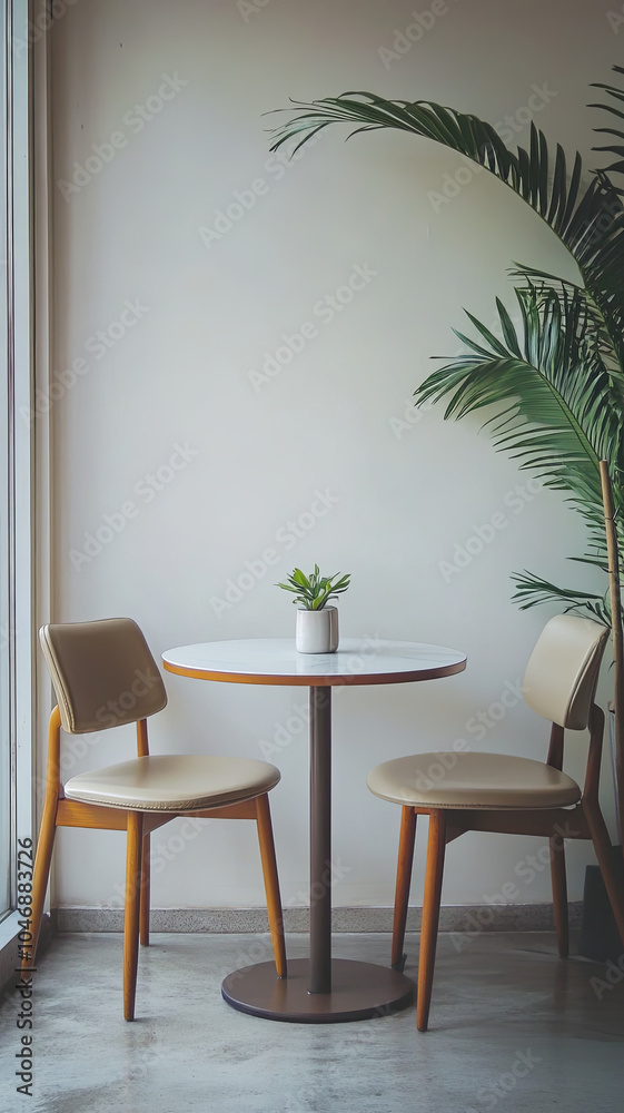 minimalist round table with comfortable chairs creates serene dining space, complemented by small plant that adds touch of nature minimalist round table with comfortable chairs creates serene dining space, complemented by small plant that adds touch of nature