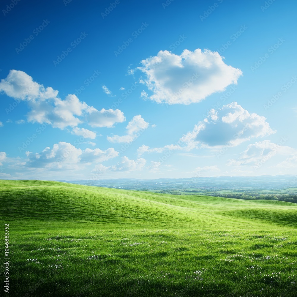 Obraz premium Idyllic Green Hills Under a Blue Sky with Fluffy White Clouds, Springtime Nature Landscape