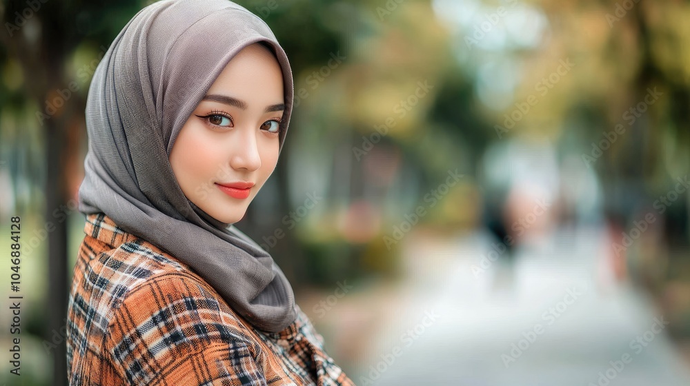A woman in a gray hijab and plaid shirt looking over her shoulder A woman in a gray hijab and plaid shirt looking over her shoulder
