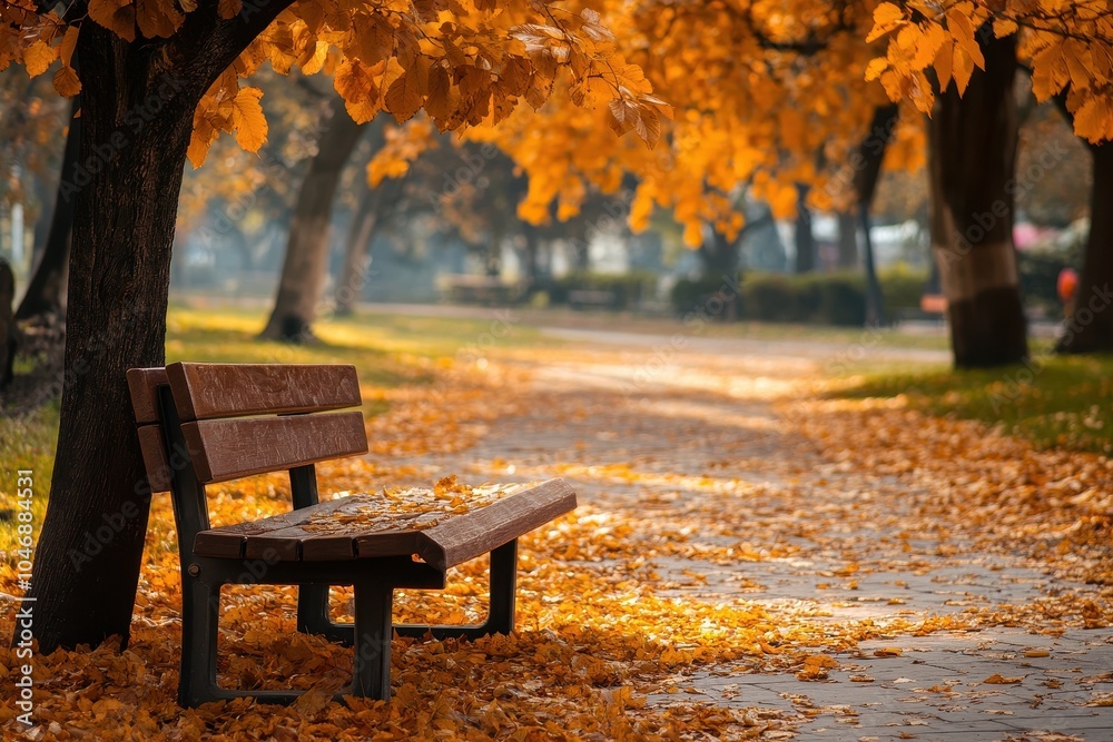 A lone bench sits in an autumnal park, surrounded by fallen leaves and trees with golden foliage. A lone bench sits in an autumnal park, surrounded by fallen leaves and trees with golden foliage.